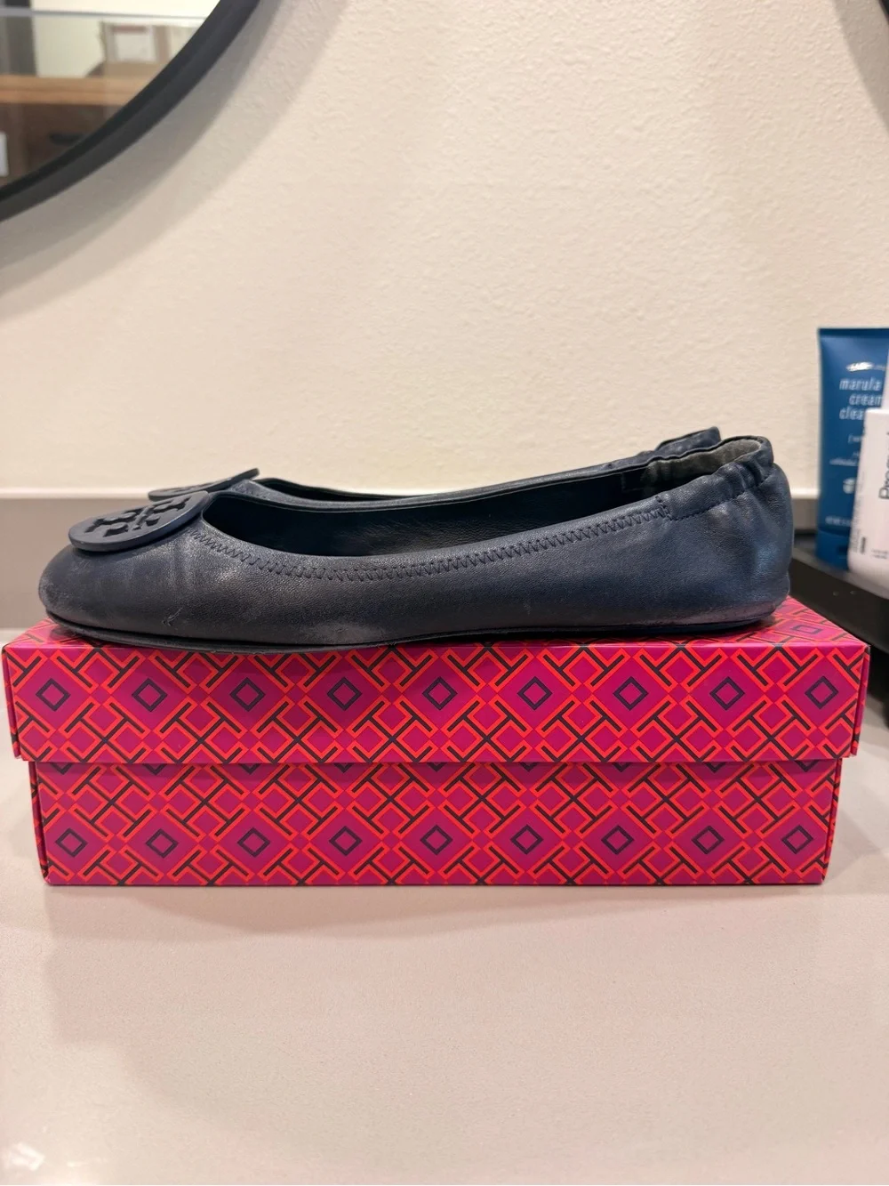 Tory Burch Navy Leather Logo Ballet Flats